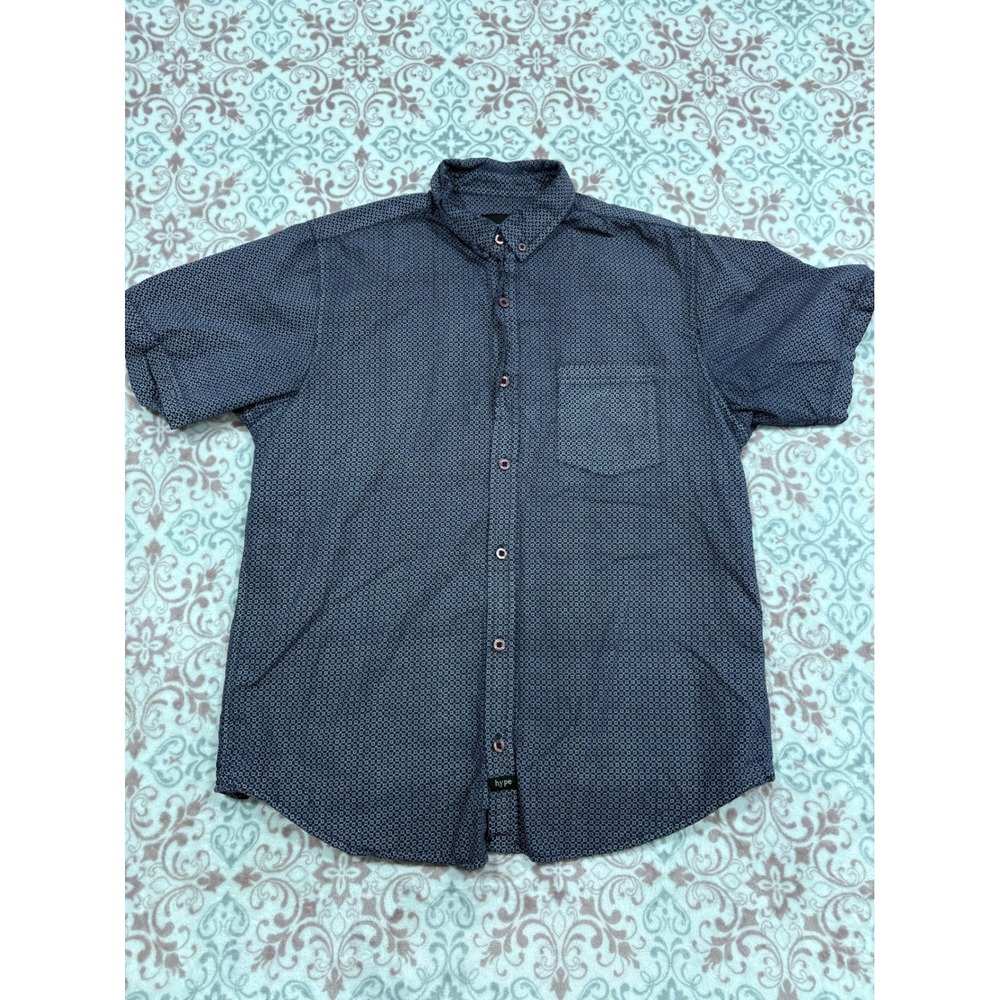 Hype Mens Navy Blue Geometric Micro Print Short Sleeve Button Up Shirt Size M